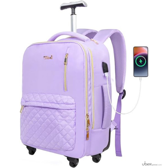 Tilami Rolling Backpack for Women, Carry on Laptop Backpacks with Wheels, 40L Roller Backpack for Travel,Black