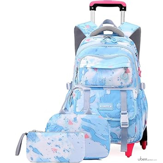 EKUIZAI Girls Trolley Backpack Set Cute Colorful Girls Rolling Backpack Middle School Trolley Schoolbag with Wheels