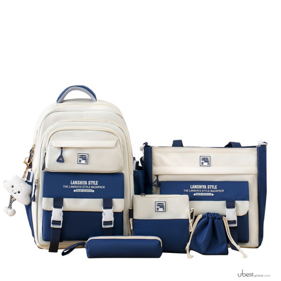 Patchwork Preppy-style Backpack Five-piece Set