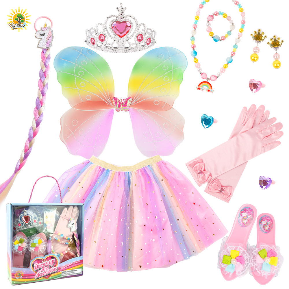 Cross-Border Kids' Sequin Tutu Skirt - Performance Rainbow Skirt, Back Decoration, Fairy Wand & Tulle Skirt Wings for Girls' Pretend Play