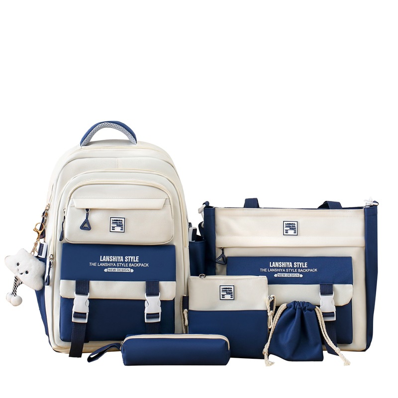 Patchwork Preppy-style Backpack Five-piece Set