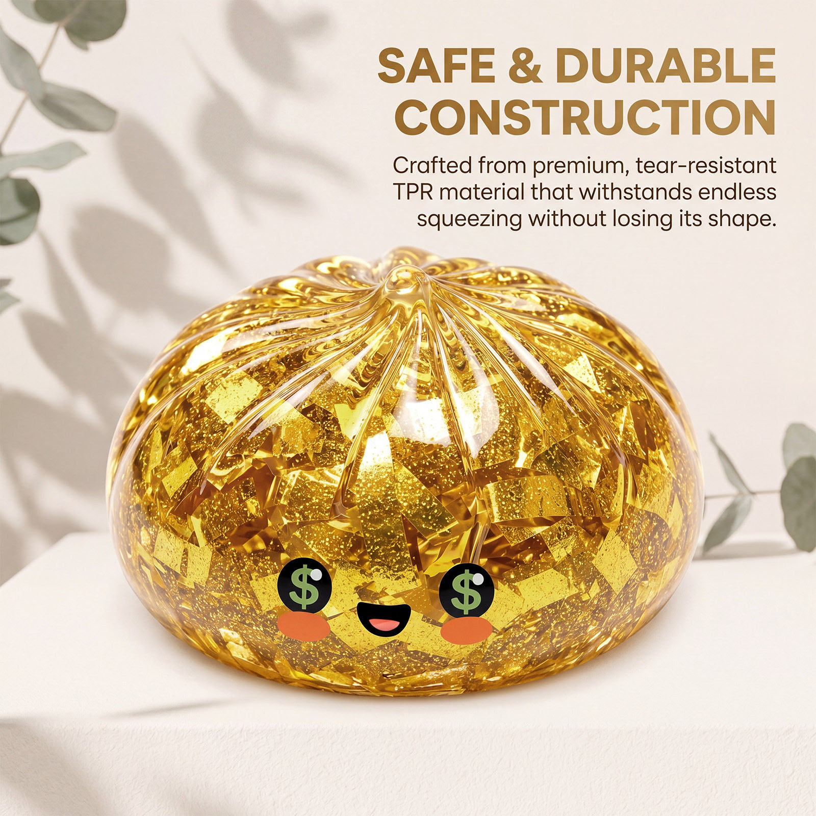 Genuine Dumpling Squishy, Pectin Gold Foil Bun Sensory Squeeze Stress Relief Fidget Toy